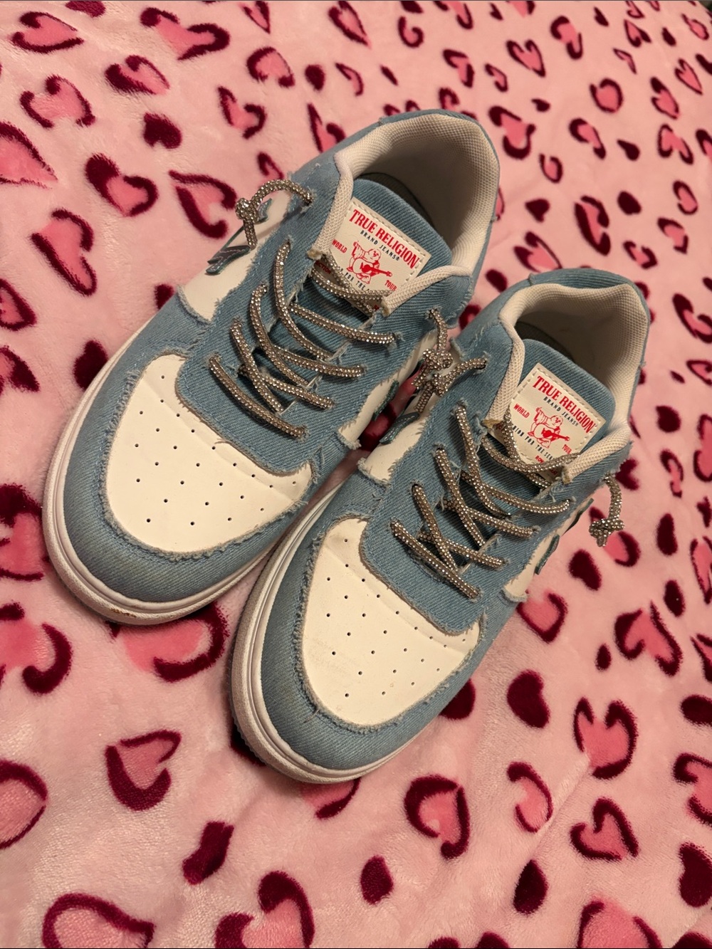True Religion Light Blue and White Low-Top Sneakers